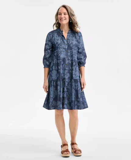 Women's Floral Chambray 3/4-Sleeve Tiered Dress, Exclusively at Macy's